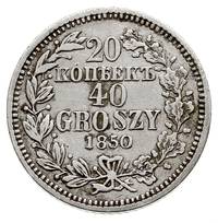 20 kopiejek = 40 groszy 1850, Warszawa, przy związaniu wieńca 2 jagódki, Plage 396, Bitkin 1263