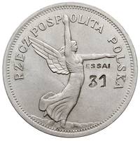 5 złotych 1928, Bruksela, Nike, na rewersie napis ESSAI / 31, nikiel 12.03 g, Parchimowicz -, pięk..