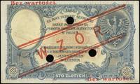 100 złotych 28.02.1919, seria C, numeracja 6424225, po obu stronach ukośny czerwony niski nadruk W..
