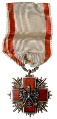 Odznaka Honorowa PCK -I stopień, srebro 37 x 37 mm, emalia, wstążka, na stronie odwrotnej napis PC..