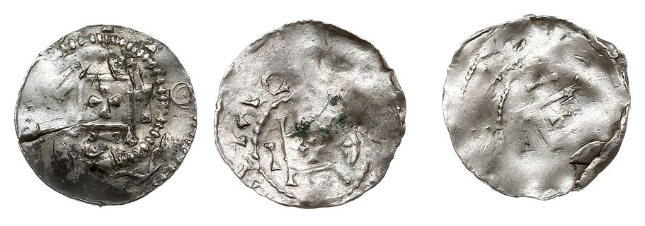 Frankonia, Otto I lub Otto II, zestaw denarów, Kapliczka / Krzyż prosty i kulki w polach, razem 3 sztuki