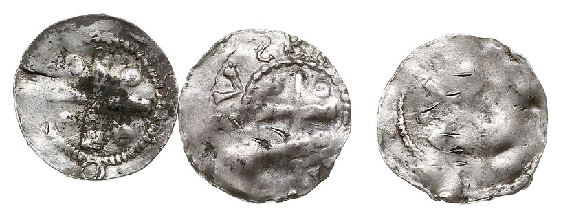 Frankonia, Otto I lub Otto II, zestaw denarów, Kapliczka / Krzyż prosty i kulki w polach, razem 3 sztuki