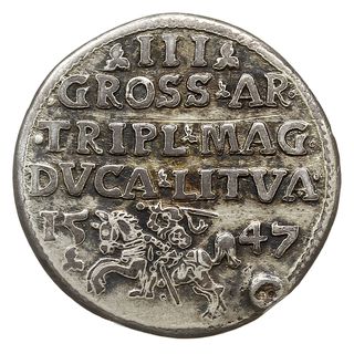 trojak 1547, Wilno, Iger V.47.1.b (R5), Ivanauskas 8SA3-1, T. 15, złocony, ślad po zawieszce, bardzo rzadki