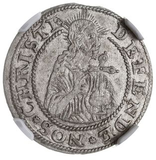 grosz oblężniczy 1577, Gdańsk, wybity w czasie gdy zarządcą mennicy był K. Goebl, na awersie głowa Chrystusa przerywa wewnętrzną obwódkę, T. 2.50, moneta w pudełku NGC z certyfikatem AU58, piękny egzemplarz, rzadki w tym stanie zachowania