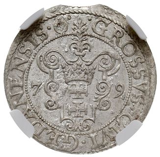 grosz 1579, Gdańsk, odmiana z kropką na końcu napisu, moneta w pudełku NGC z certyfikatem MS64, wyśmienity egzemplarz, krążek z końca blachy