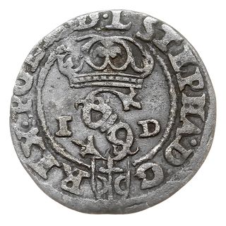 szeląg 1586, Olkusz, na rewersie litery N - H po bokach korony i duży herb Batorych, lekko niecentrycznie wybity, patyna
