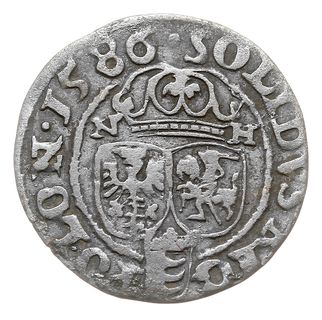 szeląg 1586, Olkusz, na rewersie litery N - H po bokach korony i duży herb Batorych, lekko niecentrycznie wybity, patyna