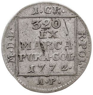 grosz srebrny (srebrnik) 1772, Warszawa, Plage 221, T. 12,w cenniku Berezowskiego 20 złotych, jeden z najrzadszych groszy, mennicza wada blachy