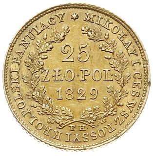 25 złotych 1829, Warszawa, złoto 4.88 g, Plage 20, Bitkin 980( R1), Fr. 110, rzadkie, minimalne zagięcie obrzeża, ale wyśmienicie zachowany egzemplarz, patyna