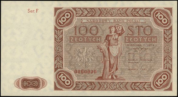 100 złotych 15.07.1947, seria F 0000000, wzór be