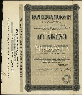 Papiernia Mokwin S.A., 10 akcji po 100 złotych = 1.000 złotych, Mokwin 28.02.1935, druk blanco /niewypełniony/, Niegrzyb. XVI-A-7, z talonem i kompletem kuponów