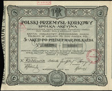 Polski Przemysł Korkowy S.A., 5 akcji po 500 marek polskich = 2.500 marek polskich, Warszawa 1922, 4. emisja, numeracja 66596-66600, Niegrzyb. XV-D-1, z talonem i 8 kuponami