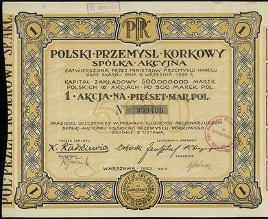 Polski Przemysł Korkowy S.A., akcja na 500 marek polskich, Warszawa 1923, 5. emisja, numeracja 999406, Niegrzyb. XV-D-1, z talonem i 8 kuponami