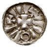 denar krzyżowy, po 995 r, Magdeburg?, Aw: Słabo widoczne zarysy kolumn i tympanonu, z boku dwa pie..