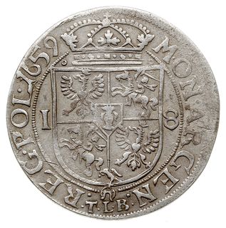 ort 1659, Kraków, litery TLB i herb Ślepowron (podskarbiego Jana Kazimierza Krasińskiego) pod tarczą herbową