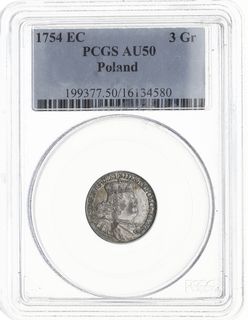 trojak 1754, Lipsk, Iger Li.54.1.a (R1), Kahnt 695 var. g -bardzo szerokie popiersie króla, moneta w pudełku firmy PCGS z oceną AU 50