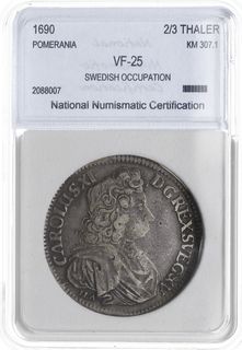 gulden (2/3 talara) 1690, Szczecin, odmiana napisu CAROLUS XI - D G...., AAJ 114 b, Dav. 767, moneta w pudełku firmy NNC z oceną VF 25