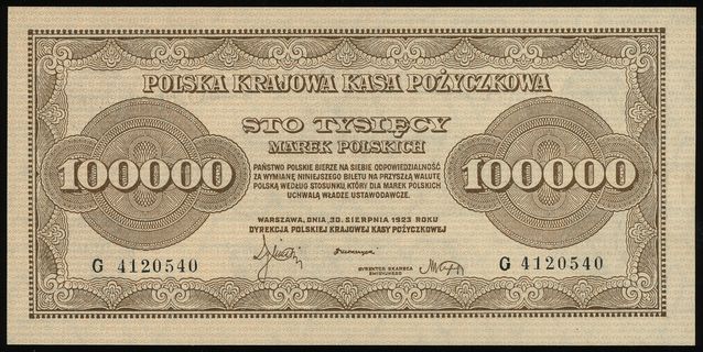 100.000 marek polskich 30.08.1923, seria G, numeracja 4120540, Lucow 433 (R3), Miłczak 35, delikatnie złamane w pionie, ale bardzo ładne