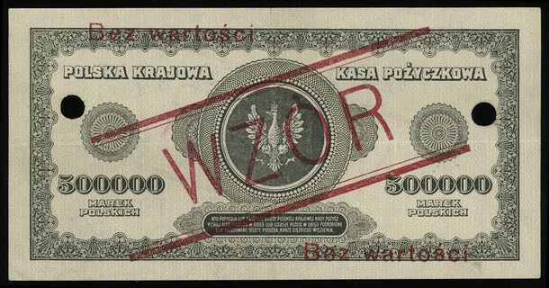 500.000 marek polskich 30.08.1923, czerwony nadruk WZÓR”, dwukrotna perforacja, seria K, numeracja 123456 * i 789000 *, Lucow 437 (R5), Miłczak’12 36Wc, dwukrotnie złamane
