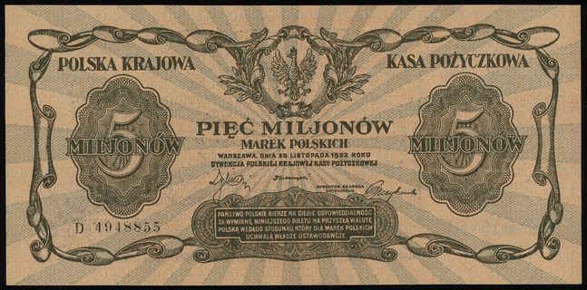 5.000.000 marek polskich 20.11.1923, seria D, numeracja 4948855, Lucow 456 (R5), Miłczak 38, zagniecenia w narożnikach, ale pięknie zachowane