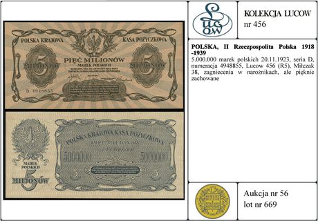 5.000.000 marek polskich 20.11.1923, seria D, numeracja 4948855, Lucow 456 (R5), Miłczak 38, zagniecenia w narożnikach, ale pięknie zachowane