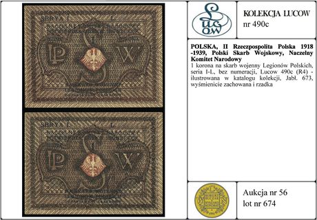 1 korona na skarb wojenny Legionów Polskich, seria I-L, bez numeracji, Lucow 490c (R4) - ilustrowana w katalogu kolekcji, Jabł. 673, wyśmienicie zachowana i rzadka