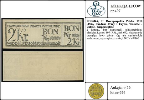 2 korony, bez numeracji, niewypełniony blankiet, Lucow 497 (R3), Jabł. 692, nieznacznie przegięty lewy górny róg, ale wyśmienicie zachowane, egzemplarz z aukcji WCN 47/160