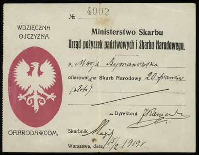 kwit ofiary 20 franków (złoto) od P. Marji Szymanowskiej z dnia 15.02.1919, numeracja 4002, Lucow 530a (R5) - ilustrowany w katalogu kolekcji, rzadki