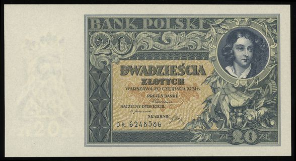 20 złotych 20.06.1931, seria DK, numeracja 6248586, Lucow 666 (R0), Miłczak 72c, wyśmienicie zachowane