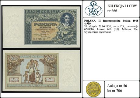 20 złotych 20.06.1931, seria DK, numeracja 62485