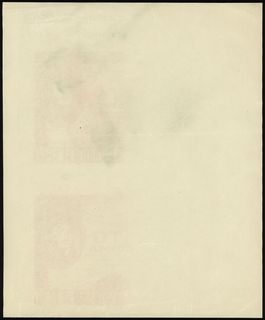 próba stalorytniczego druku kolorystycznego strony głównej banknotu 100 złotych 9.11.1934, druk w kolorze różowym, bez poddruków ani numeracji, 2 egzemplarze z narożnika arkusza, częściowo niedodrukowane - w miejscach braku farby wyciśnięty rysunek matrycy,u góry ołówkiem kopiowym Farba czeska / na mokre seier”, Lucow 671c - dołączone do kolekcji po wydrukowaniu katalogu, Miłczak - patrz 74, naddarcie, bardzo rzadka