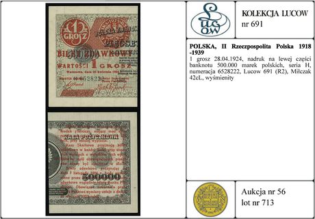 1 grosz 28.04.1924, nadruk na lewej części banknotu 500.000 marek polskich, seria H, numeracja 6528222, Lucow 691 (R2), Miłczak 42cL, wyśmienity
