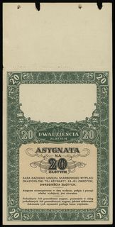 asygnata na 20 złotych (1939), seria B, numeracja 0501053, niewypełniony na odwrocie wraz z kuponem kontrolnym, Lucow 735a - dołączona do kolekcji po wydrukowaniu katalogu, Moczydłowski B131, złamana, ubytki papieru po wydarciu z bloczka