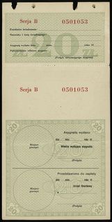 asygnata na 20 złotych (1939), seria B, numeracja 0501053, niewypełniony na odwrocie wraz z kuponem kontrolnym, Lucow 735a - dołączona do kolekcji po wydrukowaniu katalogu, Moczydłowski B131, złamana, ubytki papieru po wydarciu z bloczka