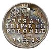 trojak 1588, Olkusz, Iger O.88.5.a (R7), przedziurawiony, bardzo rzadki typ monety z awersem z tro..