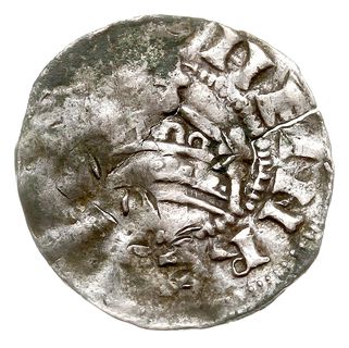 Strassburg, Henryk II 1002-1024, denar, Aw: Korona, Rw: Napis w formie krzyża ARGENTINA, w kątach łuki z gwiazdami, srebro 1.13 g, Dbg 915, Kluge 80, gięty, patyna