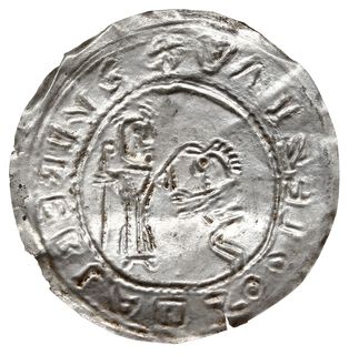brakteat protekcyjny, Klęczący książę przed św. Wojciechem, wokoło napis, srebro 0.39 g, Str. tabl. XIII, Such. XV/2, rzadki, mimo zgięcia pięknie zachowany, w pełni widoczny napis otokowy