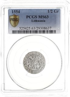 półgrosz 1554, Wilno, Ivanauskas 4SA51-16, T. 12, moneta w pudełku PCGS z notą MS63, rzadki rocznik, pięknie zachowany