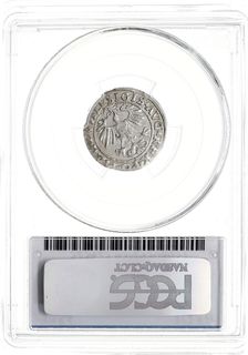 półgrosz 1554, Wilno, Ivanauskas 4SA51-16, T. 12, moneta w pudełku PCGS z notą MS63, rzadki rocznik, pięknie zachowany