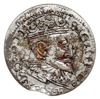 trojak 1595, Ryga, Iger R.95.1.d, Gerbaszewski 17 a -mała głowa króla, miejscowa patyna, moneta wybita z końca blachy, ale bardzo ładna