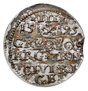 trojak 1595, Ryga, Iger R.95.1.d, Gerbaszewski 17 a -mała głowa króla, miejscowa patyna, moneta wybita z końca blachy, ale bardzo ładna
