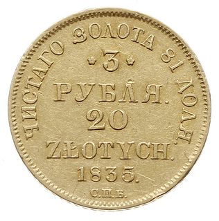 3 ruble = 20 złotych 1835, Petersburg, złoto 3.89 g, Plage 301, Bitkin 1076 (R), drobna mennicza wada krążka i niewielkie rysy na tle