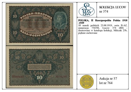 10 marek polskich 23.08.1919, seria II-AZ, numer