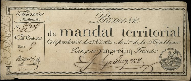 Dyrektoriat 1795-1799 (L’an 4-7), asygnata na 25 franków 28. ventose An. 4eme (1796), Pick A83.b, rzadki wysoki nominał