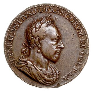 Henryk Walezy -medal pośmiertny z 1627 roku autorstwa Pierre Regnier’a, upamiętniający przeniesienie królewskiego serca do kościoła w Saint - Cloud, Aw: Głowa w wieńcu laurowym w prawo w płaszczu zawiązanym na ramieniu, w otoku napis