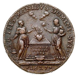 Henryk Walezy -medal pośmiertny z 1627 roku autorstwa Pierre Regnier’a, upamiętniający przeniesienie królewskiego serca do kościoła w Saint - Cloud, Aw: Głowa w wieńcu laurowym w prawo w płaszczu zawiązanym na ramieniu, w otoku napis