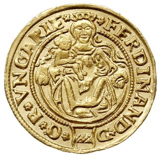 Ferdynand I 1526-1564, dukat 1557 KB, Krzemnica, złoto 3.57 g, Huszár 895, Fr. 48, gięty, ale bardzo ładnie zachowany