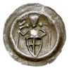 brakteat typu Rycerz”, ok. 1247-1257; Rycerz na wprost, trzymający chorągiew, krzyż i tarczę, sreb..