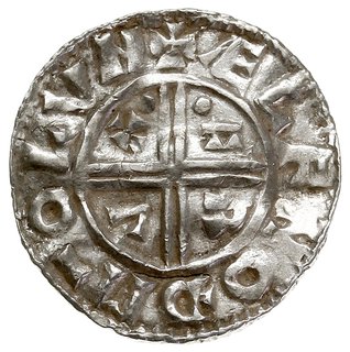 Aethelred II 978-1016, denar typu crux 991-997, mennica Londyn, mincerz Aelfnoth, Aw: Popiersie z berłem w lewo, EDELRED REX ANGLOR, Rw: Dwunitkowy krzyż z C-R-V-X w kątach, ELFNOD MO LVND, srebro 1.13 g, N. 770, S. 1148, gięty