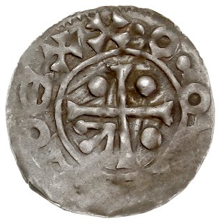 Bolesław II 967-999, denar typu bawarskiego, Aw: Krzyż z kulkami i kwiatkiem, wokoło OOL...OEX, Rw: Dach kaplicy ponad literą N, wokoło I...TVO, srebro 0.64 g, Cach 67, Šmerda 12e (R1), patyna, rzadki